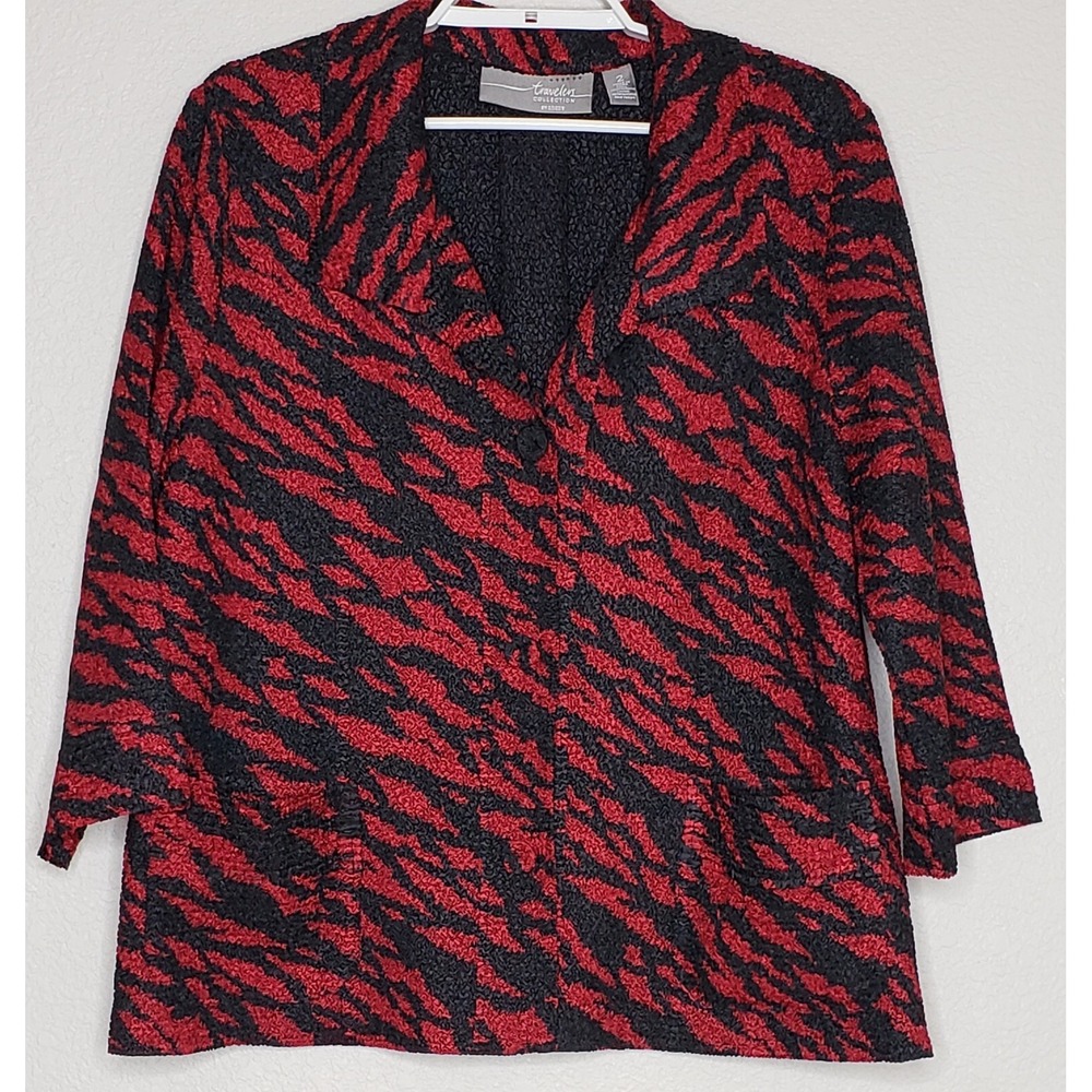 Chico's Travelers Blazer Sz 2 (12/14) Red Leopard Collared Button Front Pockets